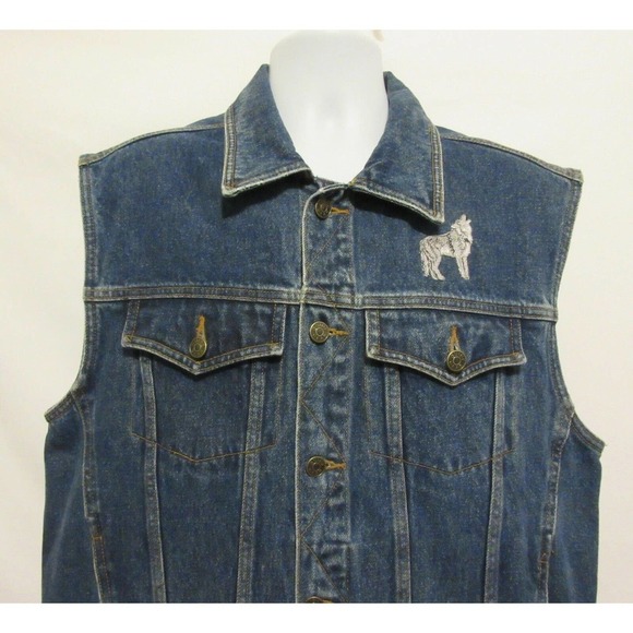 Guide Gear Mens Medium M Denim Vest Embroidered Howling WOLF Cowboy Hunter - Picture 2 of 10